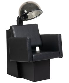 a black chair with a lamp on it's head and the seat is empty