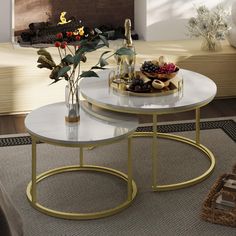 PRICES MAY VARY. 【Space-Saving Nesting Coffee Table Set】This set features a large round coffee table (Φ 31.5x17.7 inches) and a small end table (Φ 23.6x 13.2 inches). The small table conveniently nests under the larger one, saving valuable space in your living room or office. 【Sturdy and Durable Construction】These nesting coffee tables are made of sturdy metal frame and high-grade MDF wood top with waterproof ash wood grain triamine veneer to ensure the stability and durability of the product. E Stacking Coffee Tables, Round Coffee Table Gold, Large Round Coffee Table, Champagne Room, Round Nesting Coffee Tables, Nesting Coffee Table, Small End Tables, Tables Set, Gold Coffee Table