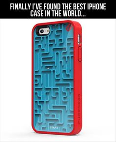 a red and blue iphone case with mazes on the back, in front of a white background