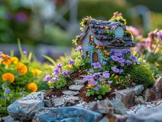 a small house made out of rocks and flowers