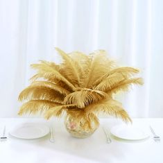 12 Pcs | Real Ostrich Feather Fringe Trim With Satin Ribbon Tape - Gold Centerpiece Filler, Feathers Diy, Eiffel Tower Centerpiece, Feather Arrangements, Boho Themed Party, Ostrich Feather Centerpieces, Feather Garland, Cake Stand Decor, Diy Centerpiece