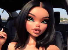 a close up of a doll in the back seat of a car with green eyes