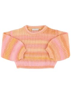 Ribbed collar, cuffs and hem. All over pattern placement may vary Multicolor Knit Tops With Ribbed Cuffs, Spring Multicolor Tops With Ribbed Cuffs, Striped Knit Sweater, Knitwear Outfit, All Over Pattern, Stella Mccartney Kids, Swimwear Cover, Kids Branding, Shearling Jacket