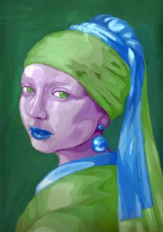 a painting of a woman with a green head scarf and blue eyes wearing a pearl earring