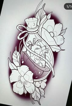 a drawing of a vase with flowers on it