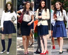 four different pictures of women in skirts and blouses on the street, one is wearing red shoes