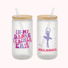 two personalized mason jars with wooden lids and straw tops, one for the dance teacher