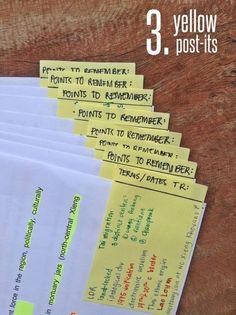 five yellow post - it notes sitting on top of a wooden table next to each other