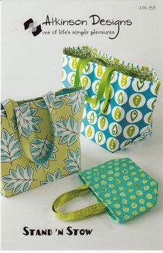 two bags with handles and straps are shown in three different patterns, one is green and the other is blue