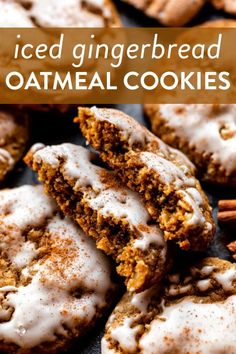 iced gingerbread oatmeal cookies stacked on top of each other