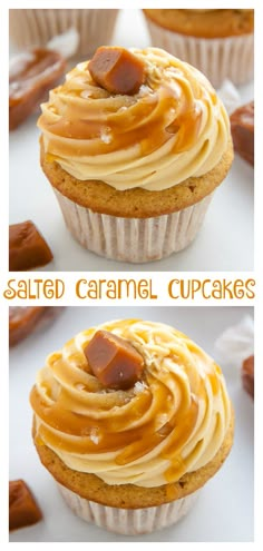 some cupcakes with caramel icing on top and the bottom one is frosted