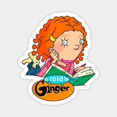 an orange haired girl reading a book with the words sold ginger on it