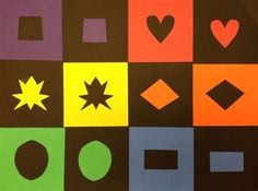 an abstract painting with different shapes and sizes on it's surface, including hearts, stars, and rectangles