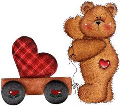 a brown teddy bear sitting next to a red heart on a wagon with black wheels