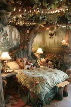 a bedroom decorated with fairy themed decor and lights