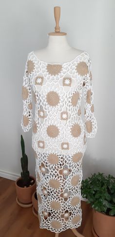 White Fitted Crochet Maxi Dress, White Beachy Cover-up, Long White Cover-up For Vacation, White Long Cover-up For Beach Season, White Summer Beach Dress For Beach Party, White Cover-up For Brunch During Beach Season, White Fitted Long Cover-up, White Crochet Dress For Beach Season, Fitted White Beach Dress