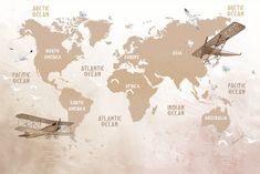 a world map with airplanes flying around it and the names of all countries on it