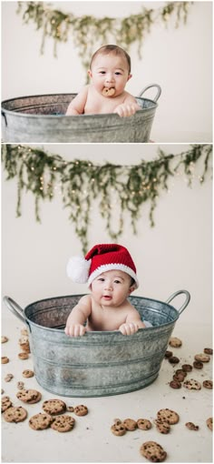 a baby is sitting in an old metal tub with cookies on the floor and wearing a santa hat