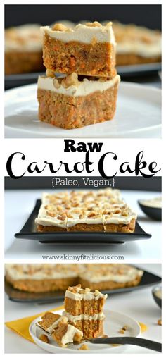 raw carrot cake with cream cheese frosting on top and sliced into squares in the middle