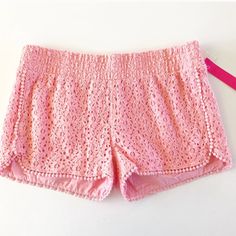 Pink Lace Shorts. Elastic Waist. Has Cute Little Pom Pom Trim. Measurements Waist: 17” Across Laying Flat Length: 11” Blue Jean Romper, Pink Lace Shorts, White Lace Shorts, Stretch Denim Shorts, Frayed Denim, High Waisted Jean Shorts, Pom Pom Trim, Mom Shorts, Embroidered Jeans