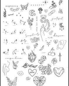 the back side of a black and white poster with lots of tattoos on it, including hearts