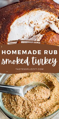 homemade rub smoked turkey in a glass bowl with a spoon