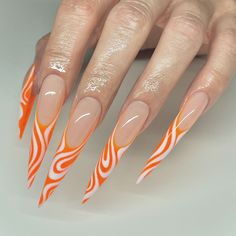 stiletto nails, long nails,french nails, orange nails, summer nails, vacation nails,nail design, unique design, birthday nails, special occasion nails,nail ideas,nail inspo Long Vacation Nails, Fall Stilleto Nails, Orange French Nails, Special Occasion Nails, Long Nails French, Orange Nails Summer, Stiletto Nails Long, Exotic Nail Designs, Orange Tips