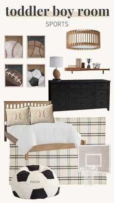 an image of a bedroom with sports themed furniture and decor on the walls in it