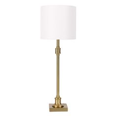 a gold lamp with a white shade on the base and a square shaped light fixture