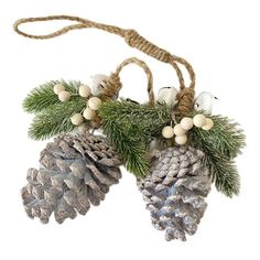 two pine cones are hanging from twine with white balls and greenery on them