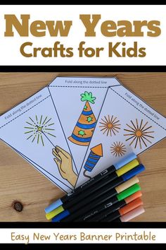 Pin text reads, New Years Crafts for Kids Easy New Years Banner Printable and shows image of 3 of the flags colored in and colored pens next to them. New Year Banner Printable Free, New Years Crafts For Toddlers, New Years Crafts For Kids, New Years Crafts, News Years Crafts For Kids, Bunting Printable