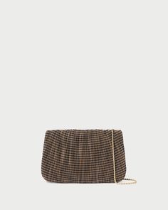 Shop the Brit Brown/Black Check Pleated Clutch at loefflerrandall.com Checked Fabric, Check Fabric, Metal Chain, Chain Strap, Gold Metal, Pouch, Chain, Frame, Fabric