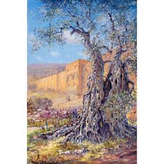 an oil painting of a tree in front of a castle