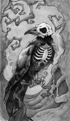 a drawing of a bird with a skeleton in it's beak