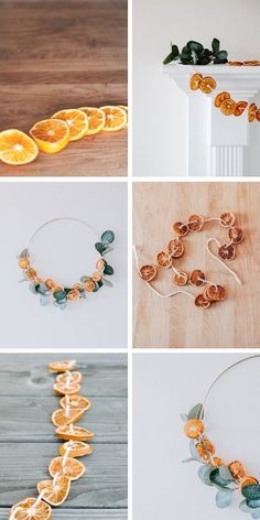 four different pictures of oranges being made with beads and leaves in various stages of development