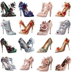 many different types of high heels with flowers on them