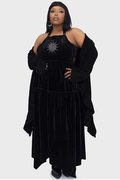 Ascended Maxi Pinafore Dress [PLUS] | Killstar Plus Size Witchy Outfits, Plus Size Goth Clothes, Sun Embroidery, Plus Size Hippie, Witchy Outfits, Plus Size Goth, Witch Outfit, Pinafore Dress, Gothic Outfits