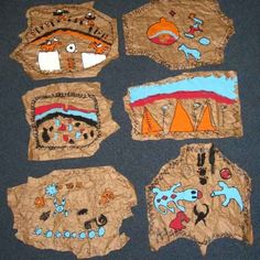 several pieces of cloth with designs on them