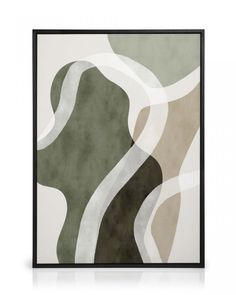 an abstract painting with white, green and grey colors on the wall in a black frame