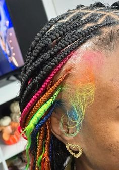 Skunk Stripe With Braids, Pink And Green Braids, Cute Ways To Dye Your Hair, Rainbow Ponytail, Blown Out Natural Hairstyles, Magical Hairstyles, Rainbow Dyed Hair, Dyed Edges