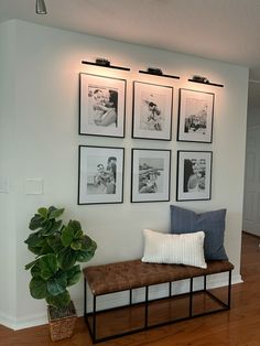 a living room with pictures on the wall and a bench in front of it next to a potted plant