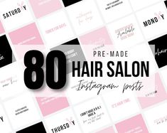 the words 80 made hair salon are displayed in black and white letters on pink squares