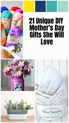 the collage shows different types of yarn and flowers in vases, with text overlay