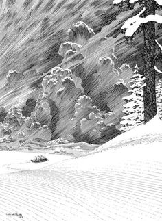 a black and white drawing of a snow covered landscape with trees in the foreground