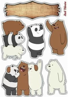 some stickers that are on top of a wooden board with an image of bears and panda