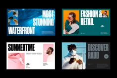 four different ads for fashion and retail stores, each with an image of a man