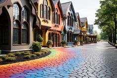 a row of houses painted in different colors on the side of a street with cobblestones