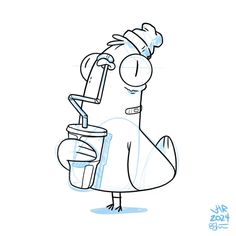 a drawing of a cartoon character holding a drink in one hand and a straw in the other