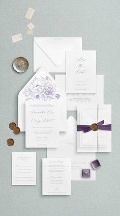 These simple elegant wedding invitations are perfect for any bespoke, classic, or black tie wedding. You can decorate them with white envelopes or a color that best matches with your wedding theme.  *INCLUDED IN THE SUITE* -A7 (5x7) invitation  -RSVP Card -Details Card -A7 Envelope -RSVP Envelope (envelopes will come in white unless requested through Etsy messages or email) *Note: Ribbon, belly bands, envelope calligraphy/addresses, envelope liner and wax seals are NOT included. These are options that can be added on with a custom order* *SAMPLE SET* Sample sets will include a full suite. They will NOT have your personalized details written on them. Sample sets are pre-printed to be ready to ship as soon as possible.  *ADD-ONS* These items are not included with the order but can be added o Simple Elegant Wedding Invitations, Classic Wedding Invites, Wedding Invitations Purple, Wedding Invitations Luxury, Envelope Calligraphy, Simple Elegant Wedding, Traditional Wedding Invitations, Rose Wedding Invitations, Calligraphy Envelope