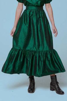 18th Century Skirt, Green Silk Skirt, Frou Frou, Dupion Silk, Sustainable Fashion Brands, Gathered Skirt, Silk Skirt, Green Silk, Ruffle Skirt